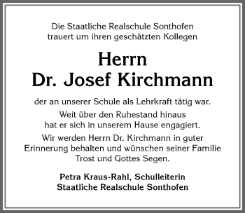 Traueranzeige von Josef Kirchmann von Allgäuer Anzeigeblatt