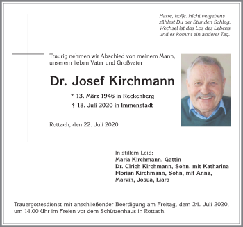 Traueranzeige von Josef Kirchmann von Allgäuer Anzeigeblatt