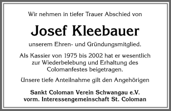 Traueranzeige von Josef Kleebauer von Allgäuer Zeitung, Füssen