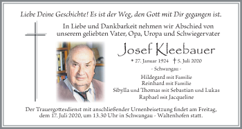 Traueranzeige von Josef Kleebauer von Allgäuer Zeitung, Füssen