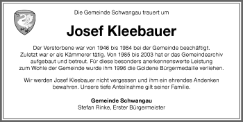 Traueranzeige von Josef Kleebauer von Allgäuer Zeitung, Füssen