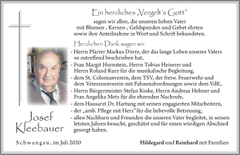Traueranzeige von Josef Kleebauer von Allgäuer Zeitung, Füssen
