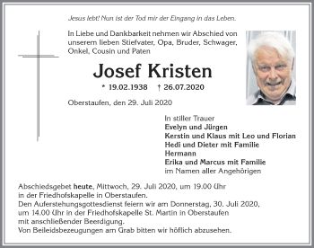 Traueranzeige von Josef Kristen von Allgäuer Zeitung