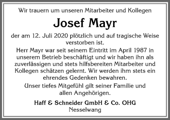 Traueranzeige von Josef Mayr von Allgäuer Zeitung, Füssen