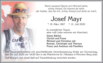 Traueranzeige von Josef Mayr von Allgäuer Zeitung, Füssen