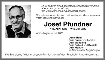 Traueranzeige von Josef Pfundner von Memminger Zeitung