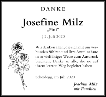 Traueranzeige von Josefine Milz von Der Westallgäuer