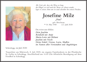 Traueranzeige von Josefine Milz von Der Westallgäuer