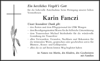 Traueranzeige von Karin Fanczi von Der Westallgäuer