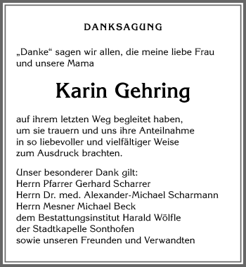 Traueranzeige von Karin Gehring von Allgäuer Anzeigeblatt