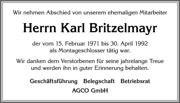 Traueranzeige von Karl Britzelmayr von Allgäuer Zeitung, Marktoberdorf