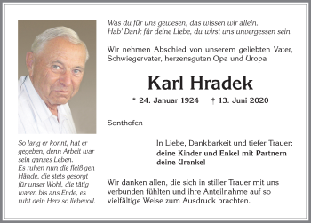 Traueranzeige von Karl Hradek von Allgäuer Anzeigeblatt