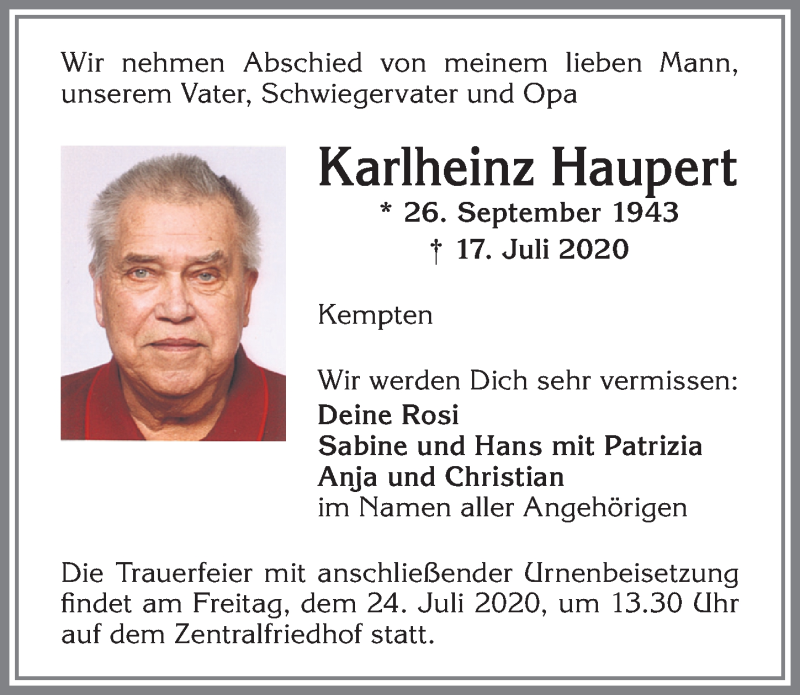  Traueranzeige für Karlheinz Haupert vom 21.07.2020 aus Allgäuer Zeitung,Kempten