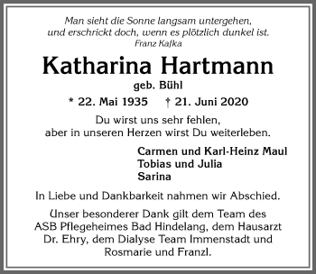 Traueranzeige von Katharina Hartmann von Allgäuer Anzeigeblatt