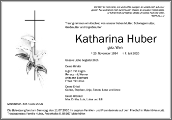Traueranzeige von Katharina Huber von Der Westallgäuer