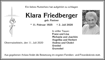 Traueranzeige von Klara Friedberger von Allgäuer Anzeigeblatt