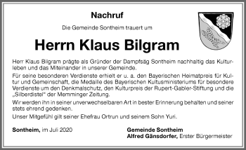 Traueranzeige von Klaus Bilgram von Memminger Zeitung