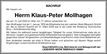Traueranzeige von Klaus-Peter Mollhagen von Memminger Zeitung