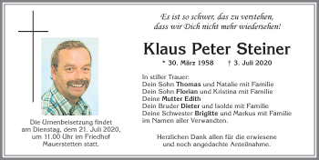Traueranzeige von Klaus Peter Steiner von Allgäuer Zeitung, Kaufbeuren/Buchloe