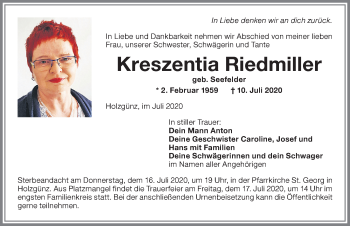 Traueranzeige von Kreszentia Riedmiller von Memminger Zeitung