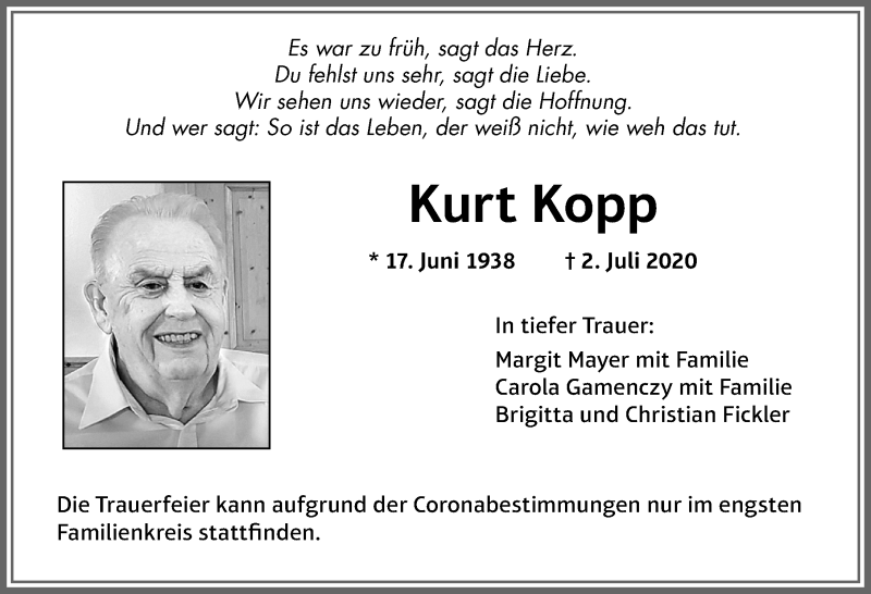  Traueranzeige für Kurt Kopp vom 16.07.2020 aus Allgäuer Zeitung,Kempten