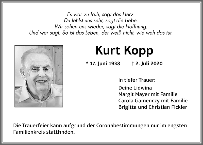  Traueranzeige für Kurt Kopp vom 18.07.2020 aus Allgäuer Zeitung,Kempten