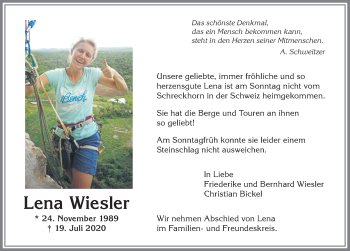 Traueranzeige von Lena Wiesler von Allgäuer Anzeigeblatt