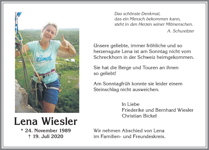  Traueranzeige für Lena Wiesler vom 29.07.2020 aus Allgäuer Anzeigeblatt