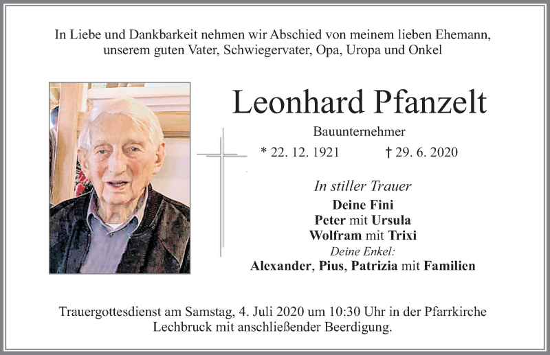  Traueranzeige für Leonhard Pfanzelt vom 01.07.2020 aus Allgäuer Zeitung, Füssen