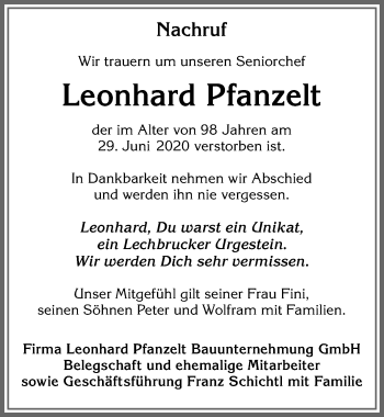 Traueranzeige von Leonhard Pfanzelt von Allgäuer Zeitung, Füssen