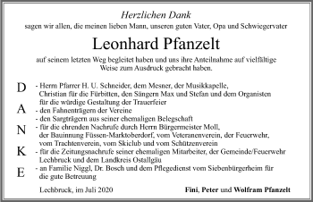 Traueranzeige von Leonhard Pfanzelt von Allgäuer Zeitung, Füssen
