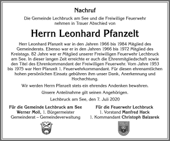 Traueranzeige von Leonhard Pfanzelt von Allgäuer Zeitung, Füssen