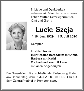 Traueranzeige von Lucie Szeja Szeja von Allgäuer Zeitung,Kempten