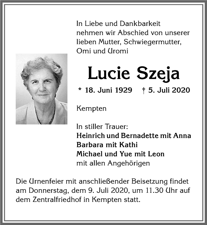  Traueranzeige für Lucie Szeja Szeja vom 08.07.2020 aus Allgäuer Zeitung,Kempten