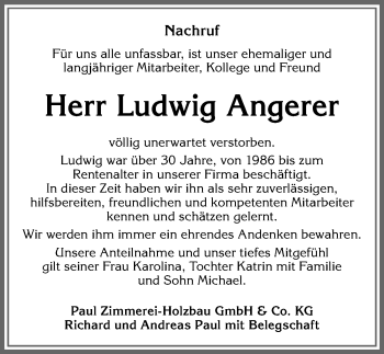 Traueranzeige von Ludwig Angerer von Allgäuer Zeitung, Kaufbeuren/Buchloe