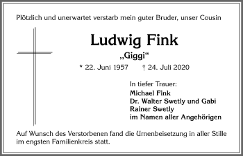Traueranzeige von Ludwig Fink von Allgäuer Zeitung, Kaufbeuren/Buchloe