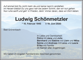 Traueranzeige von Ludwig Schönmetzler von Memminger Zeitung
