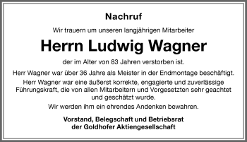 Traueranzeige von Ludwig Wagner von Memminger Zeitung