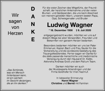 Traueranzeige von Ludwig Wagner von Memminger Zeitung