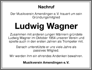Traueranzeige von Ludwig Wagner von Memminger Zeitung