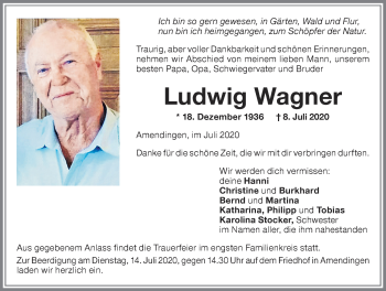Traueranzeige von Ludwig Wagner von Memminger Zeitung