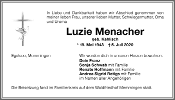 Traueranzeige von Luzie Menacher von Memminger Zeitung