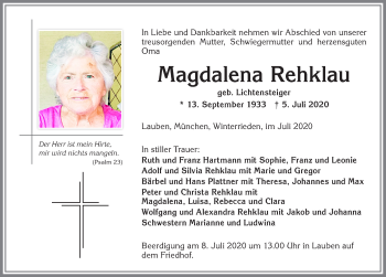 Traueranzeige von Magdalena Rehklau von Memminger Zeitung