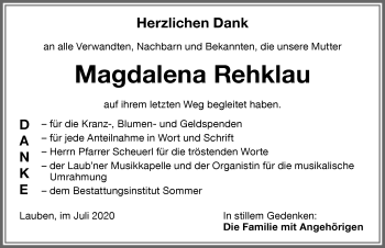 Traueranzeige von Magdalena Rehklau von Memminger Zeitung