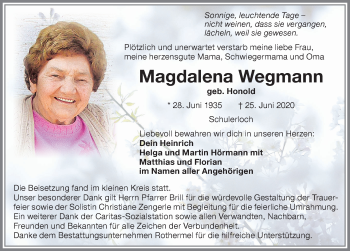 Traueranzeige von Magdalena Wegmann von Memminger Zeitung