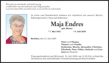 Traueranzeige von Maja Endres von Memminger Zeitung