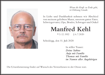 Traueranzeige von Manfred Kehl von Der Westallgäuer