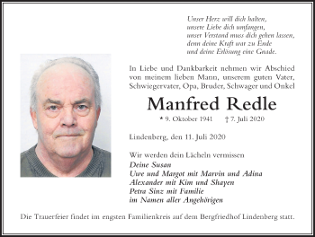Traueranzeige von Manfred Redle von Der Westallgäuer