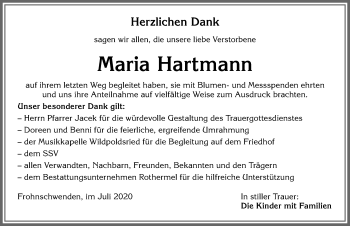 Traueranzeige von Maria Hartmann von Allgäuer Zeitung,Kempten
