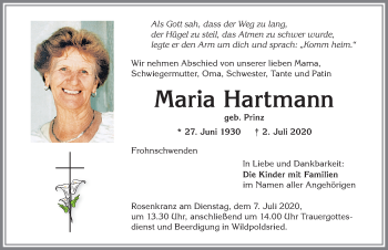 Traueranzeige von Maria Hartmann von Allgäuer Zeitung,Kempten